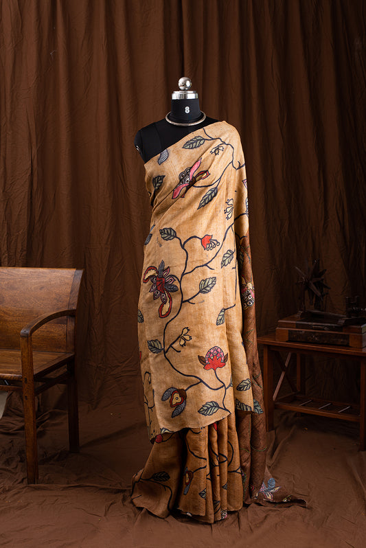 Brown Tussar Silk Hand Painted