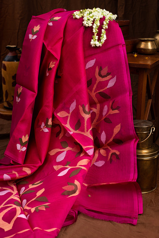 Bright Pink Muslin Silk Jamdani