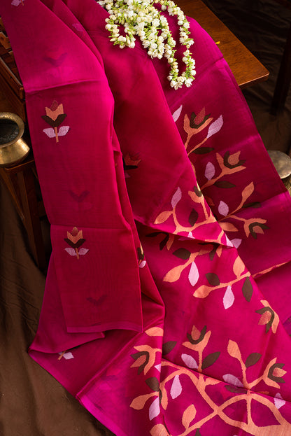 Bright Pink Muslin Silk Jamdani