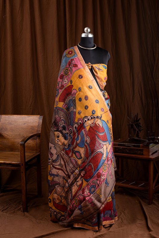 Yellow Brown Tussar Silk  Eco Print and Hand Paint