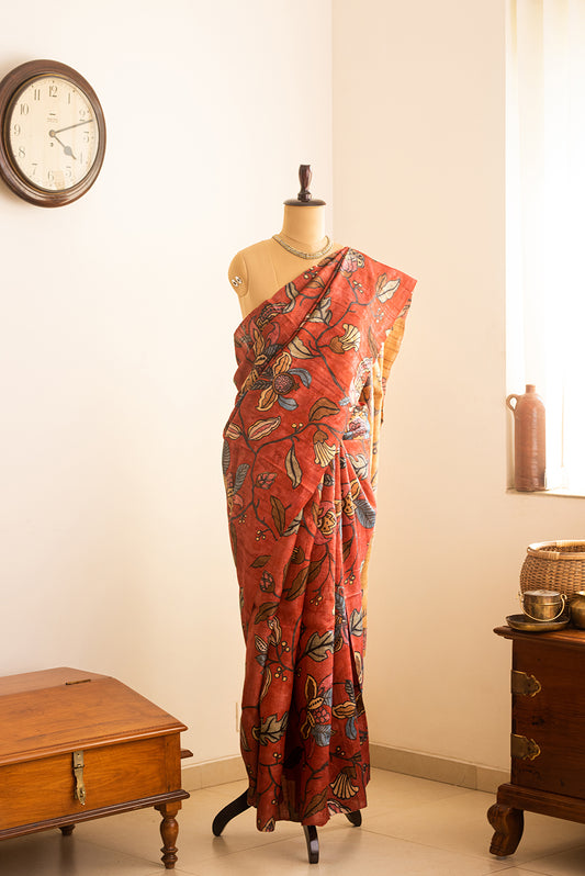 Brown & Red Tussar Silk Hand Painted