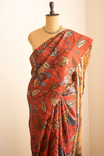 Brown & Red Tussar Silk Hand Painted
