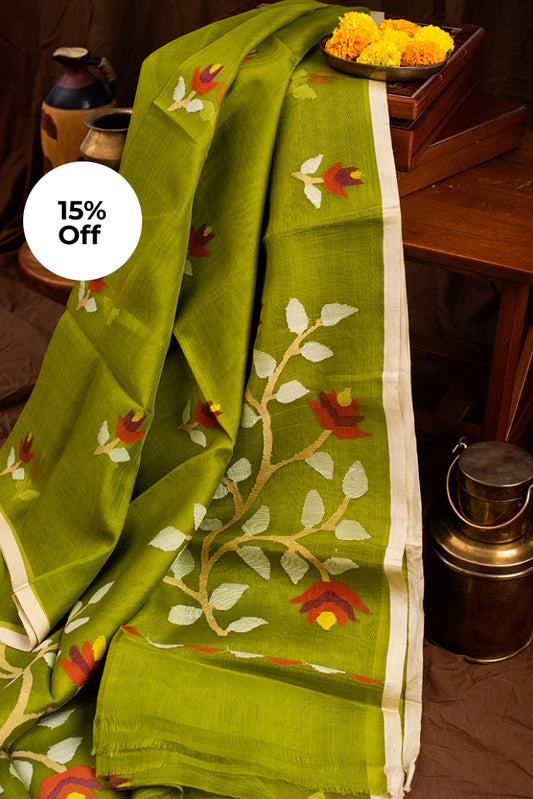 Leaf Green Muslin Silk Jamdani