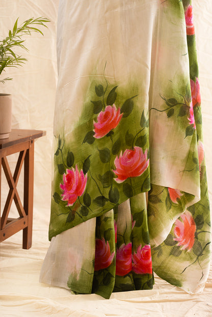 Off White Murshidabad Silk Hand Painted