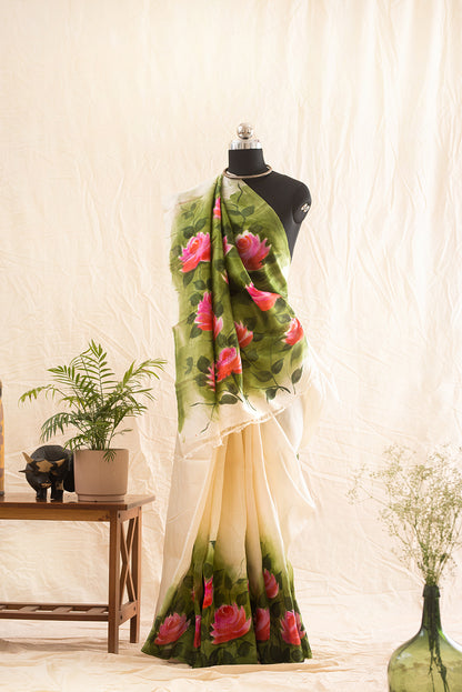 Off White Murshidabad Silk Hand Painted