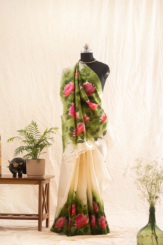 Off White Murshidabad Silk Hand Painted