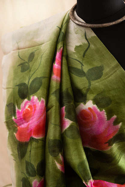 Off White Murshidabad Silk Hand Painted