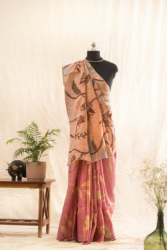 Pink Tussar Silk  Eco Print and Hand Paint