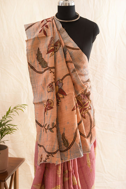 Light Pink Tussar Silk  Eco Print and Hand Paint