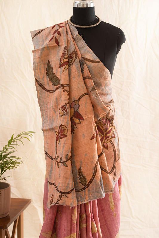 Light Pink Tussar Silk  Eco Print and Hand Paint