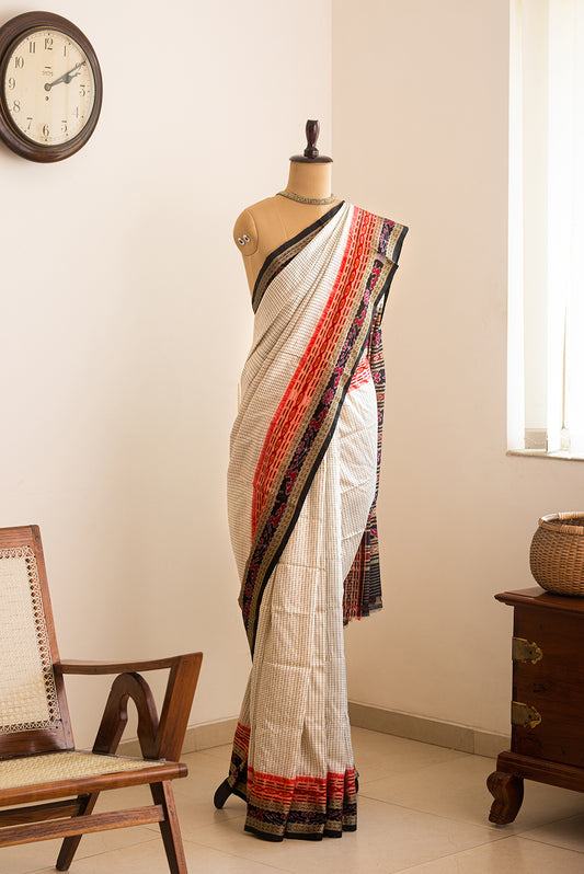 White, Black & Red Odisha Silk