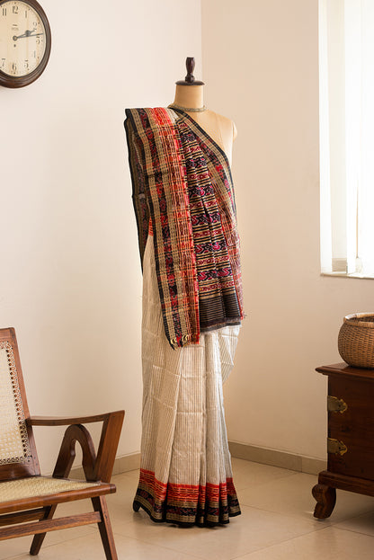 White, Black & Red Odisha Silk