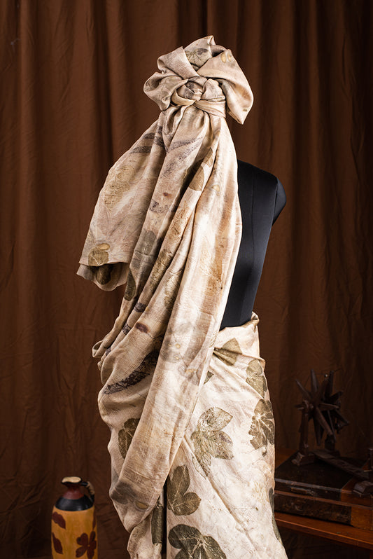 Brown Chanderi Silk Eco Print and Hand Paint